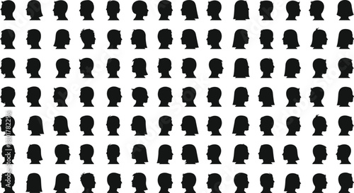 Black silhouette profile icons of diverse human heads with unique hairstyles and facial features in vector illustration for design use