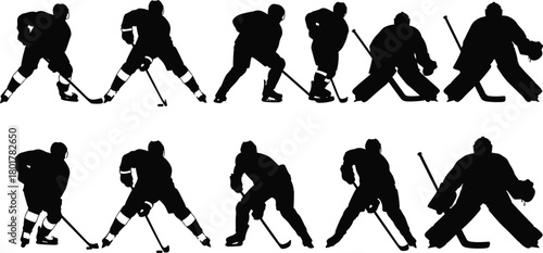 Ice hockey player silhouettes in dynamic skating, shooting, passing, and goaltending poses — perfect for sports vector illustration and design content.