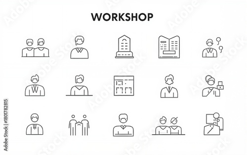 Workshop icon set. Business related line icons: teamwork, collaboration, education, coaching, team building, meeting, training, presentation and more. Editable stroke. Vector illustration.