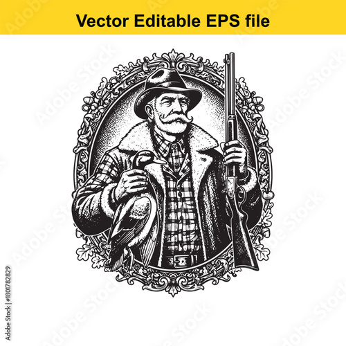 Vintage hunter with rifle and duck, detailed illustration in black and white, isolated on