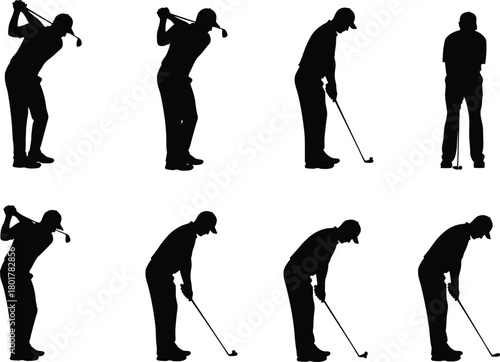 Set of 8 black golfer swing silhouette icons showing full golf swing sequence for sports technique, posture, and motion design