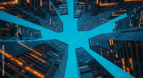 Looking up at towering modern skyscrapers from a low angle, with geometric patterns of windows and lights against a clear blue sky