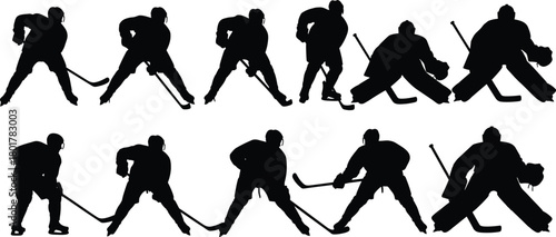 Silhouettes of ice hockey players and goalies in dynamic action poses, skating, defending, passing, shooting, and goaltending.
