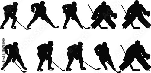 Silhouettes of ice hockey players in dynamic action poses, skating, shooting, defending, goalkeeping — perfect for sports vector illustration content.