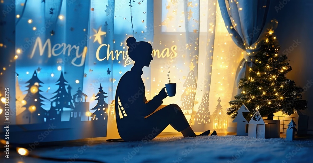 Obraz premium Silhouette enjoys warm drink near window. Festive lights, trees create cozy Christmas scene. Peaceful, serene moment captured.