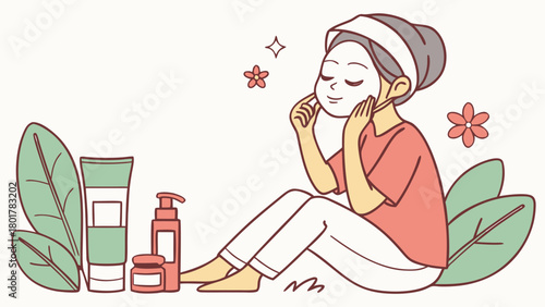 Girl doing skincare set. Collection of woman applying facial sheet mask on her face for hydrated skin. Beauty and hygiene, self care concept. Vector illustration. See Less

