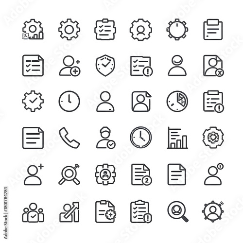 Comprehensive set of thin line icons for business process management, human resources, and workflow optimization