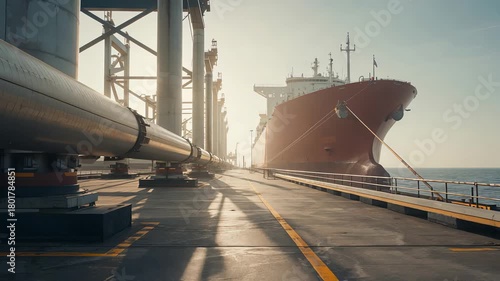 Ship moored at harbor with gentle lighting and nearby equipment
