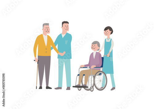 介護スタッフと高齢者の見守り・支援シーンのイラスト