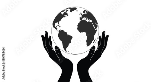 Black silhouette hands gently holding and protecting the earth globe against white background