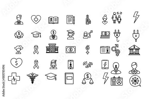 Silhouette pack of 30 black Sector of society outline icon set 