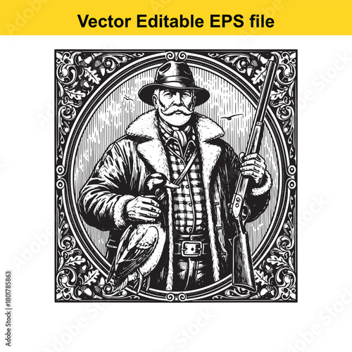 Vintage engraving style illustration of a hunter with a rifle and a bird, set within an ornate circular frame