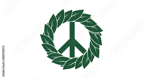 Green laurel wreath encircling a dark green peace symbol on a white background