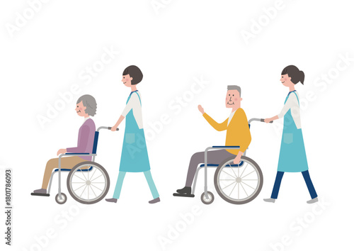 車いすの高齢者を介護スタッフが移動介助するシーンのイラスト
