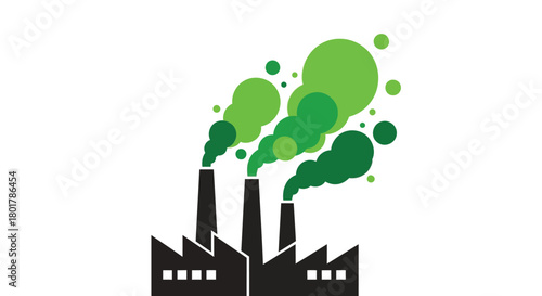 Industrial factory chimneys emitting green smoke and pollution particles symbolizing environmental impact and sustainability challenges