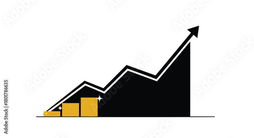 A black upward trending graph with golden bars representing financial growth and success