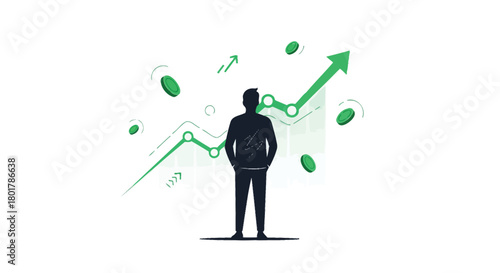 Silhouette of a businessman observing a rising green financial graph with upward trend and data points