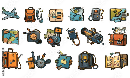 A whimsical array of travelthemed icons, featuring suitcases, backpacks, maps, and gadgets, all rendered in a charming cartoon style with bold outlines and a playful color palette against a