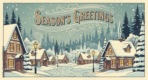 Vintage Seasons Greetings Snowy Village Scene with Pine Trees.