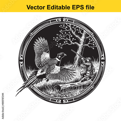Detailed engraved illustration of a pheasant in flight and a hunter with a rifle in a woodland scene, enclosed by a decorative circular border