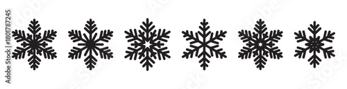 Row of six black silhouette snowflakes on a white background