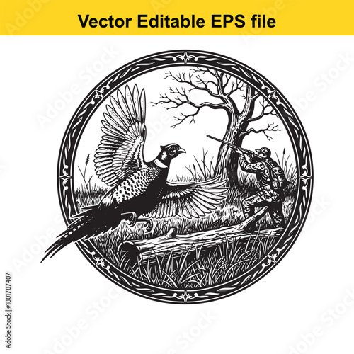 Engraved style illustration of a pheasant in flight and a hunter aiming a rifle in a forest setting, within a circular frame