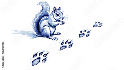 Squirrel with pawprints in snow in vintage sketch style  