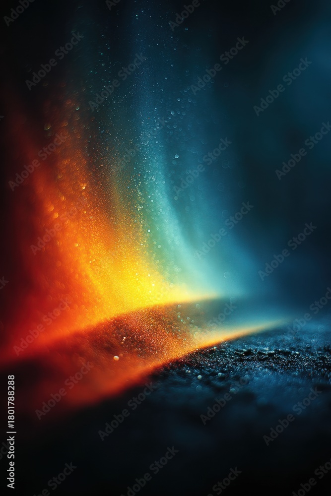 Fototapeta premium Abstract rainbow glow on dark surface with droplets and neon light, creating a dreamlike atmosphere