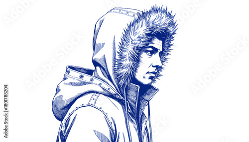 Vintage sketch in blue ink of a person in parka hood  