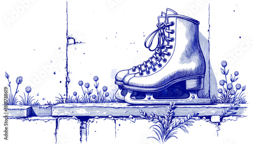 Vintage sketch of ice skates on rustic wall and flora  