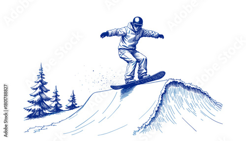 Snowboarder on halfpipe performing trick in vintage sketch style  