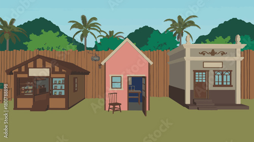 Illustration of three small buildings with tropical trees in the background