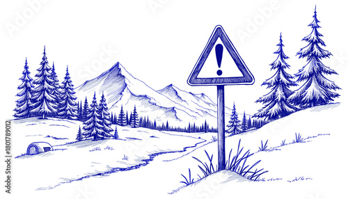 Vintage sketch of an avalanche warning sign in a mountainous landscape  
