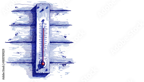 Vintage sketch of a thermometer on log wall - Concept of Vintage sketch with pen and blue ink  