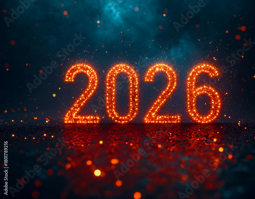 Vibrant, sparkling 2026 number design glowing orange against a dark, smoky, and reflective background. Perfect for New Year's Eve, celebrations, and future-focused marketing.