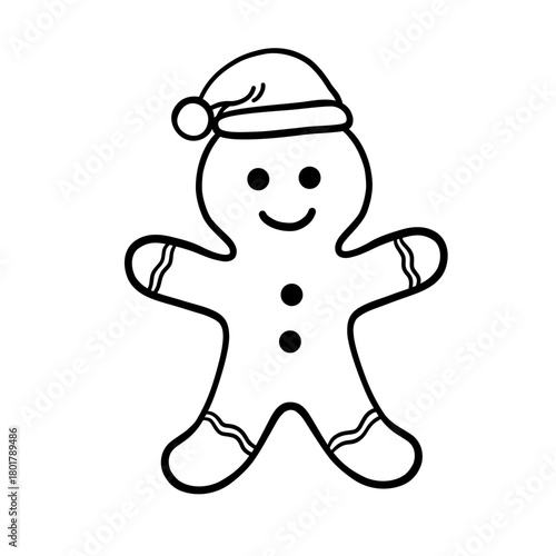 Ginger bread cookie man in a Santa Claus Hat. Vector gingerbread man illustration. Christmas cookie coloring page, simple design.