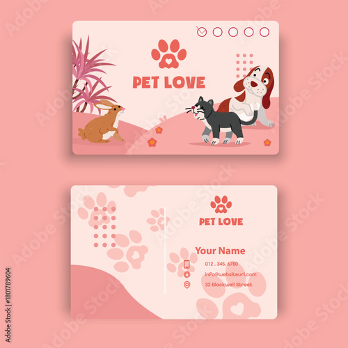 Pet love business card design with cute cartoon animals including a dog, cat, and rabbit illustration
