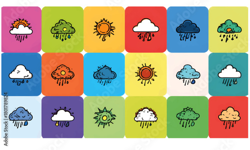 A colorful grid of weather icons featuring suns, clouds, and rain, each with a unique design and color scheme, creating a whimsical and informative visual representation of weather conditions