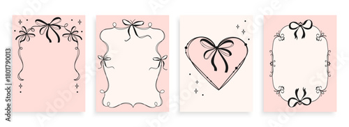 Romantic Frame Designs set with bows and ribbons in handdrawn style. Card templates with bows, hearts, elegant frames for invitations, Valentine's Day, greeting cards, covers, and packaging. Vector