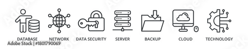 Data center banner icon with database, network, data security, server, backup, cloud, technology