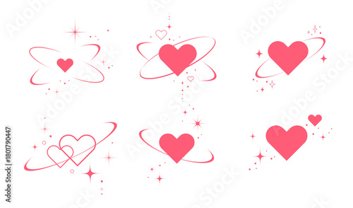 Set of heart icons with orbital rings, sparkles, and stars. Love symbols for Valentines Day, emblems, prints, romantic designs, weddings, stickers, and social media. Vector illustration