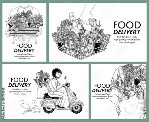 Vector set of 4 banners about food delivery. Collection of brochures for a grocery store. Delivery person with bags, boxes, and baskets of fresh vegetables