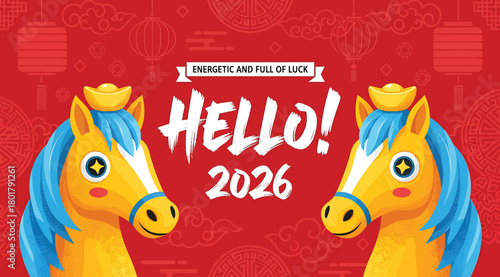 Energetic and full of luck hello 2026 with two cartoon horses on a red background with chinese new year decorations