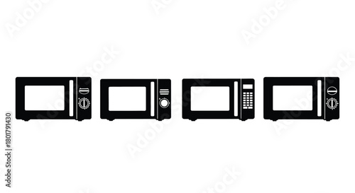 Four microwave ovens in a row, kitchen appliance