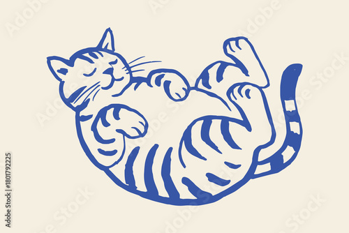 Rolling striped cat hand drawn doodle vector illustration