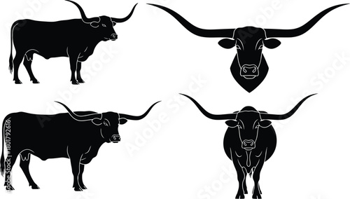 Majestic Texas Longhorn cattle silhouettes showcasing impressive horns and powerful build