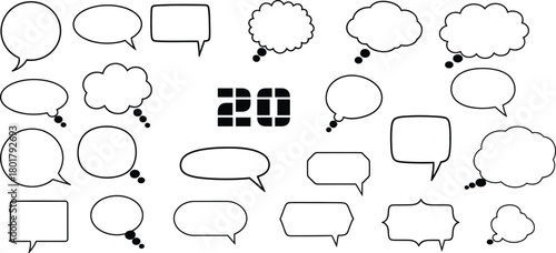 Collection of 20 hand drawn speech bubbles and thought clouds