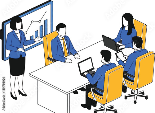 Diverse team collaborates on a business strategy presentation in a modern meeting room.
