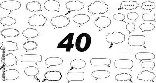Collection of 40 hand drawn speech bubbles and thought clouds