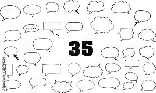 Collection of 35 hand drawn speech bubbles and thought bubbles